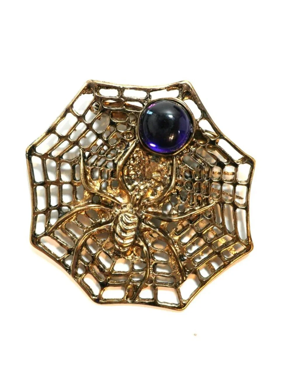 Vintage Spider Web Brooch Gold Tone Purple Glass Cabochon Halloween Pin